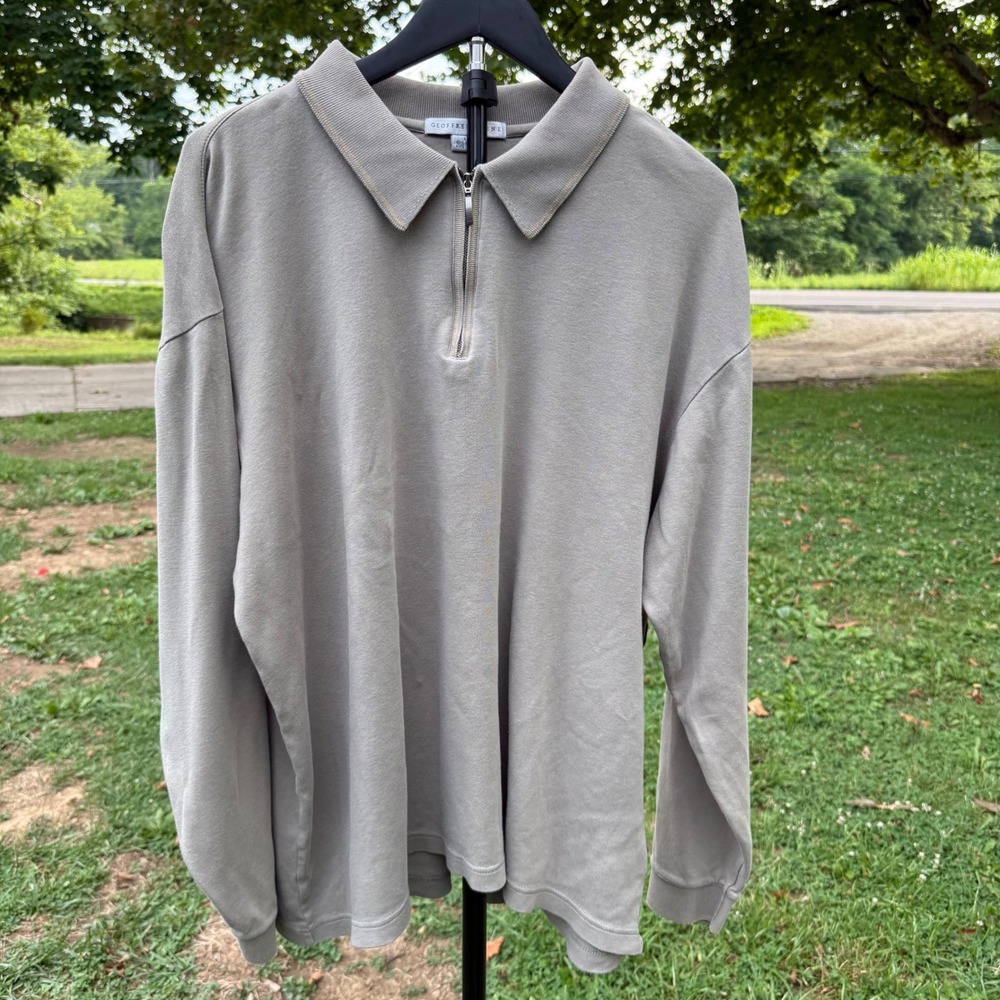 Geoffrey Beene Mens XL Long Sleeve Quarter Zip Polo Shirt Taupe Gray Cotton Knit